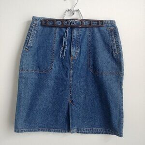Cherokee 98% cotton denim blue jean skirt tie waist front slit pockets 10
